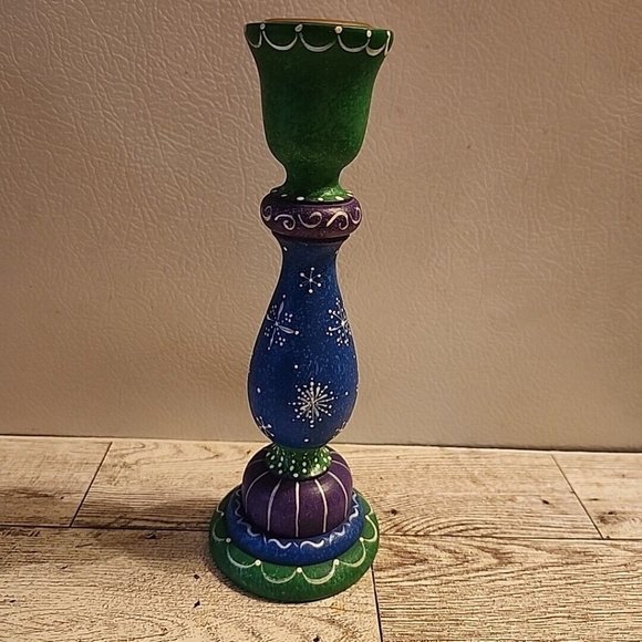 7" Colorful Wooden Candle Holder Snowflakes Purple Blue Hand Painted Made/USA - Picture 5 of 10